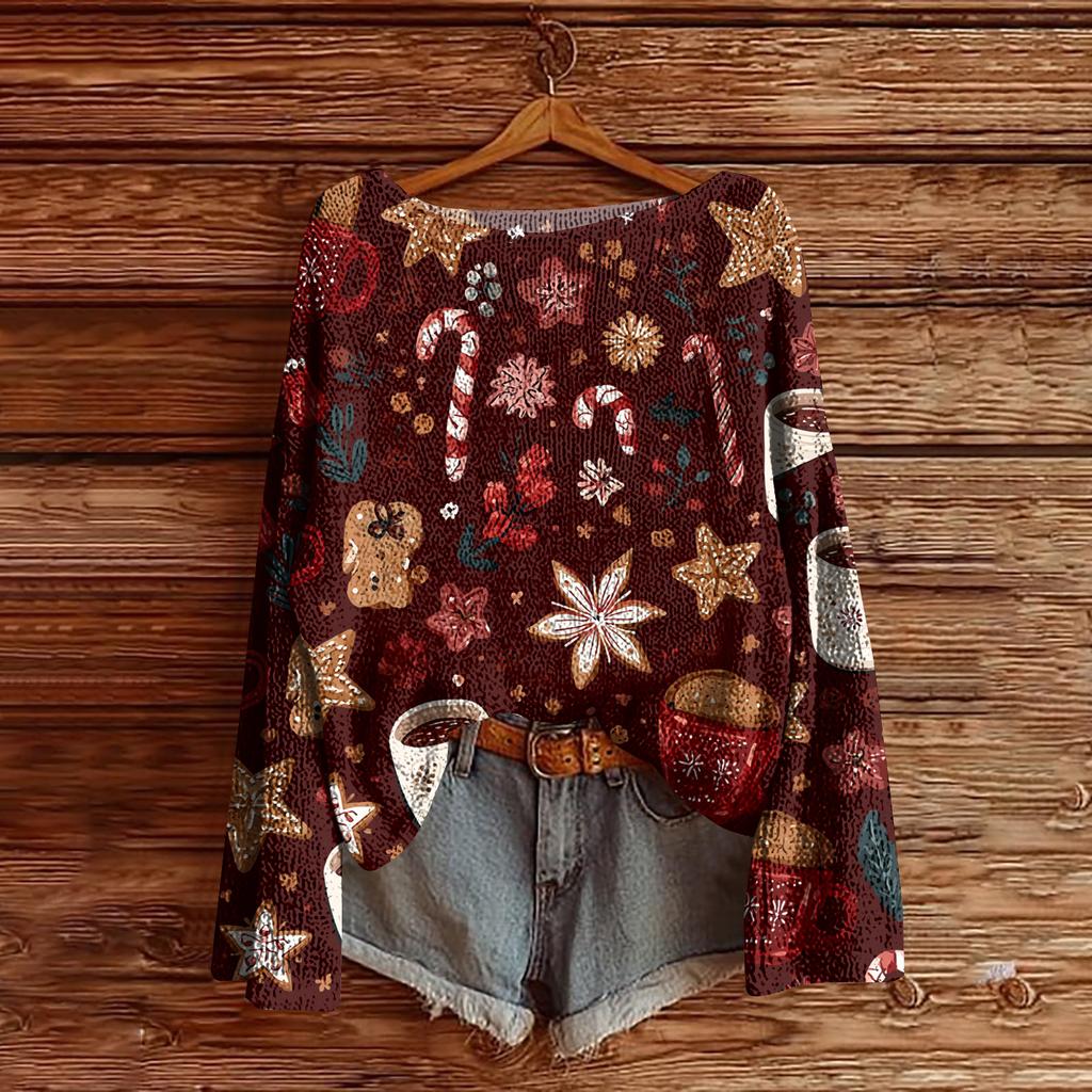 Women's Christmas Print Lightweight Sweater Casual Long Sleeve Knitted Pullover