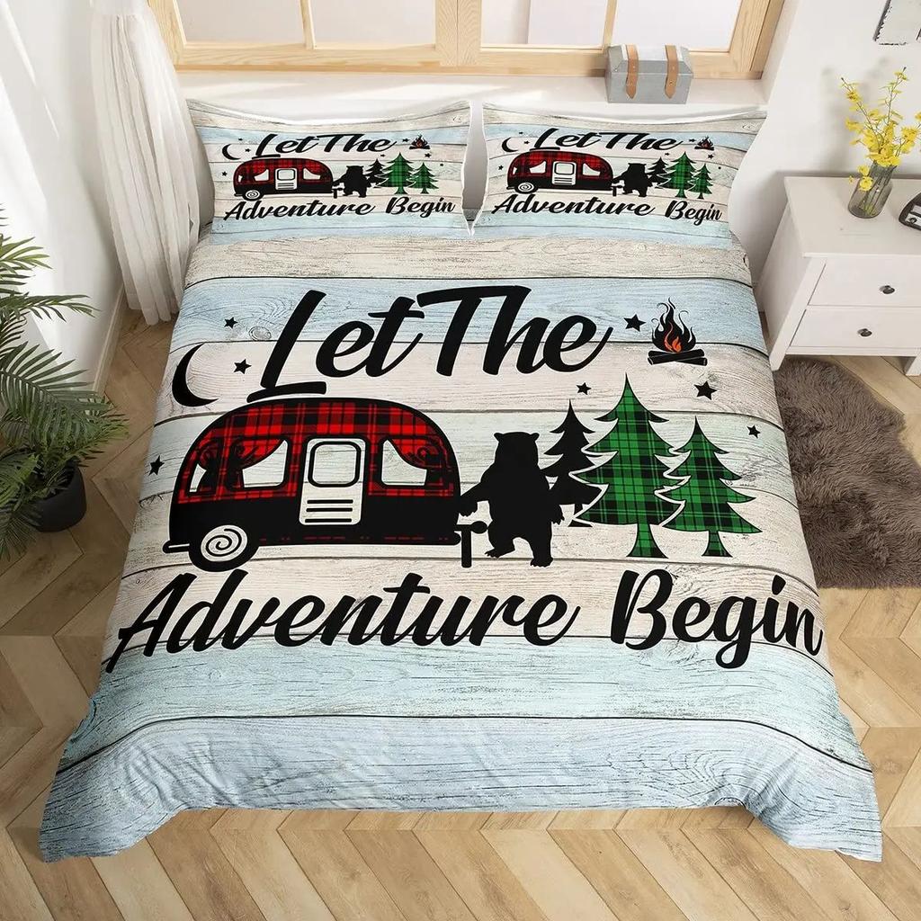 Happy Camping Duvet Set Retro Style Bedding Set Three-Piece Set