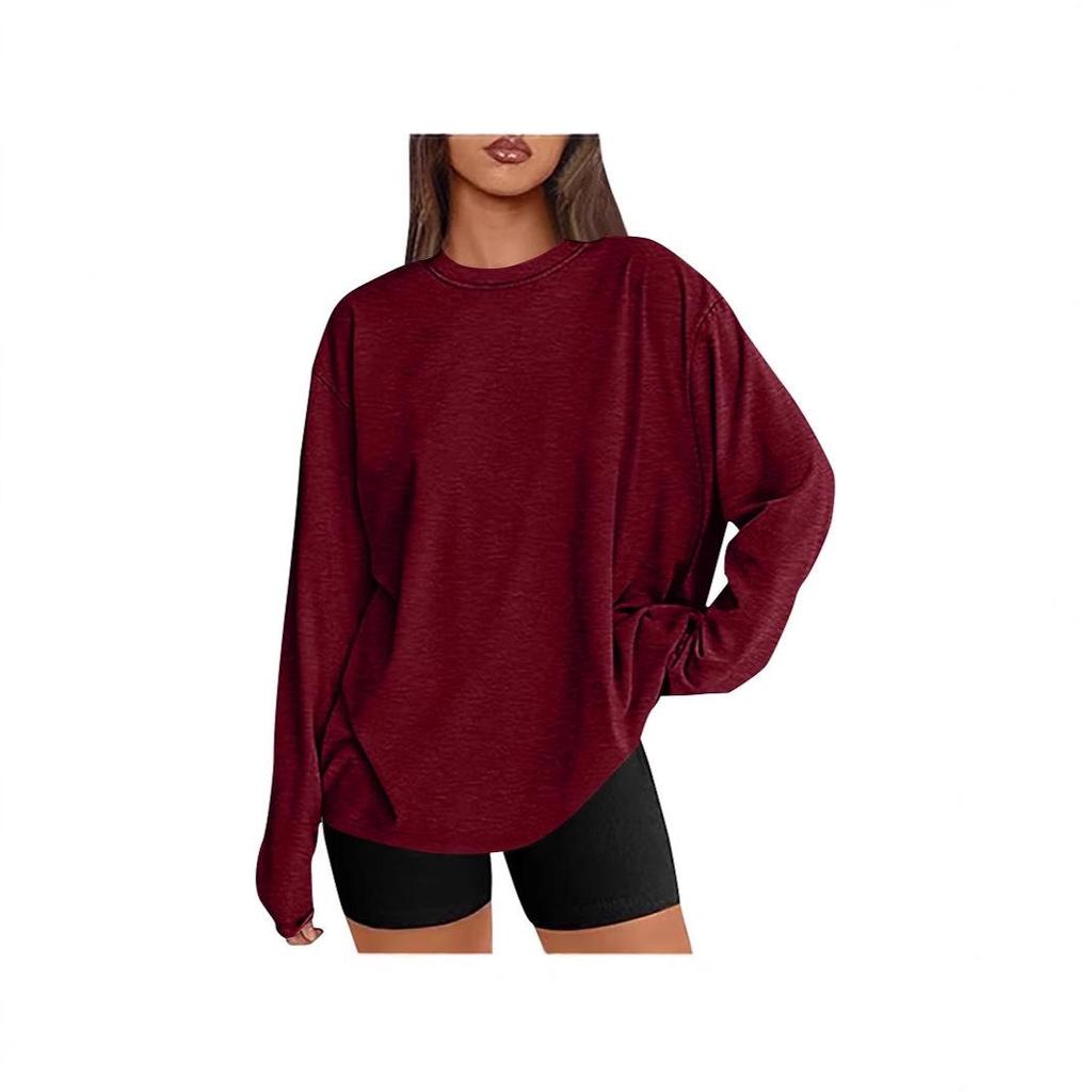 Women's Solid Color Long-Sleeve Round Neck Loose T-Shirt - Spring & Autumn Casual Top