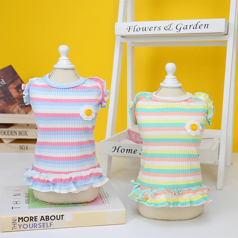 Spring and autumn thin color striped Korean ins style dog general clothing teddy bear knitted fungus edge skirt