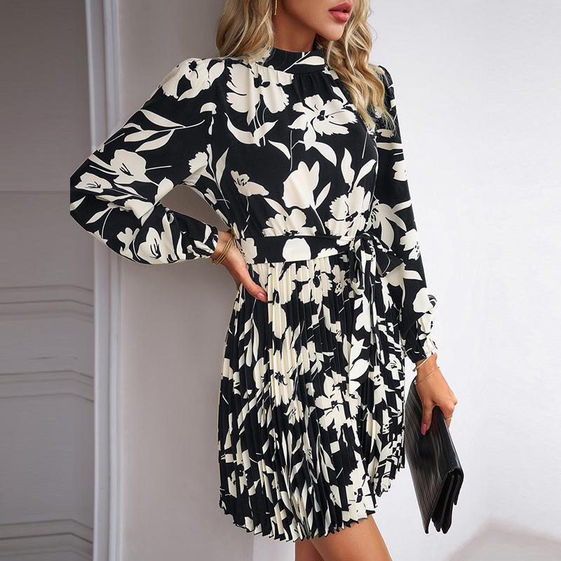 Dress New Holiday Casual Long Sleeve O Neck Tie Pleated Short Dress