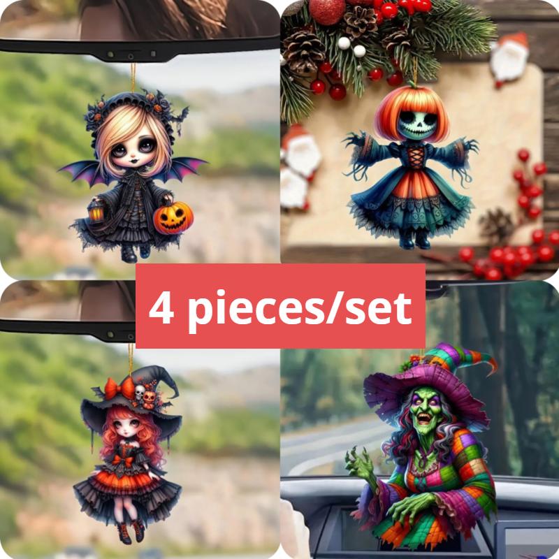Halloween New Pumpkin Witch Pendant Magic Sweep Girl Flat 2D Rearview Mirror Decoration Pendant Keychain Pendant Set