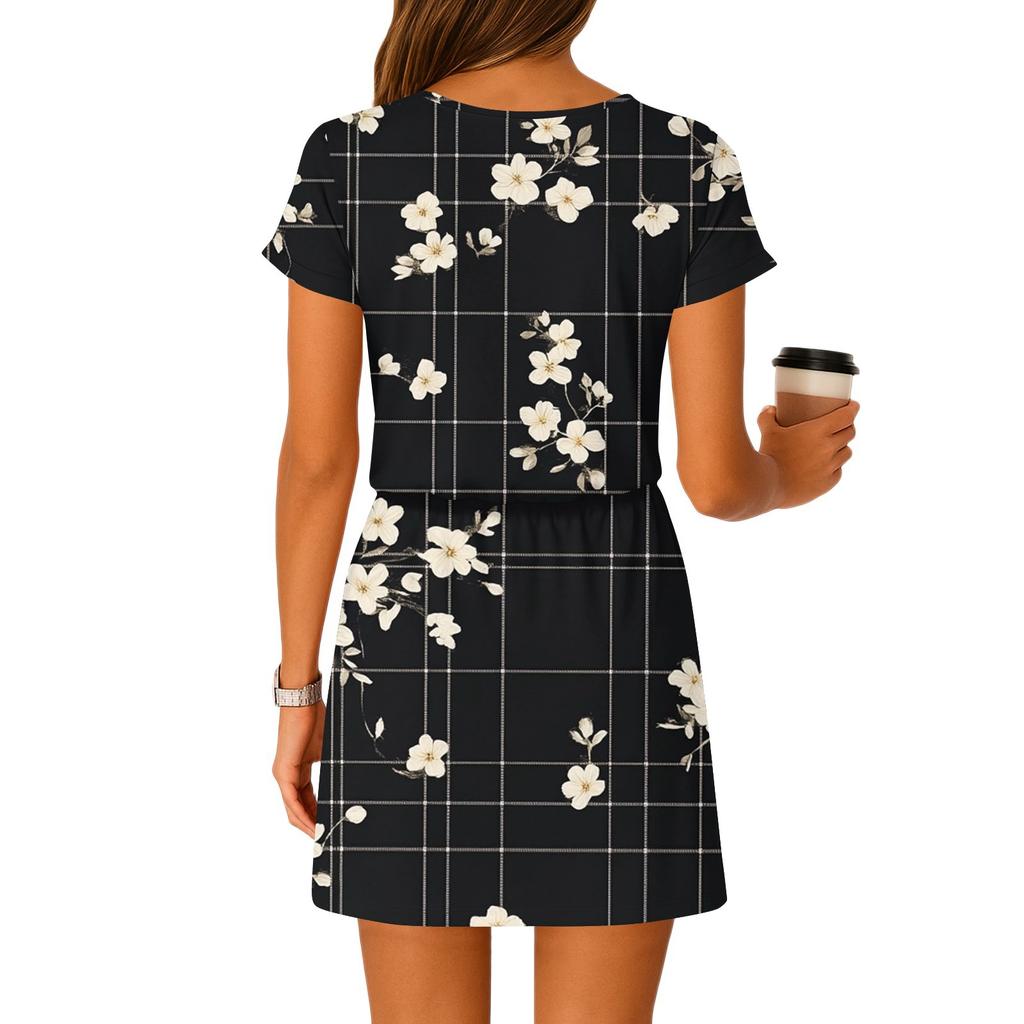 Women's Summer V-Neck Casual Short Sleeve Drawstring With Pocket Vintage Floral Dresses