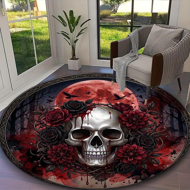 Gothic Dark Rose Skull Bloom Print Round Rug, Multi-functional Office Chair Sofa Carpet, Easy Clean Carpet for Home and Living Spaces