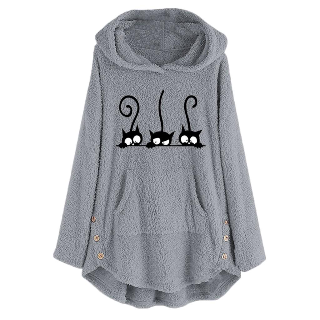 Womens Fleece Cat Embroidery Plus Size Warm Hoodie Top Button Sweater Blouse