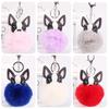 Fashion Fluffy Rabbit Fur Ball French Bulldog Keychain Pompom Key Chain PU Leather Animal Dog Keyring Holder Bag Charm Trinket Chaveiros
