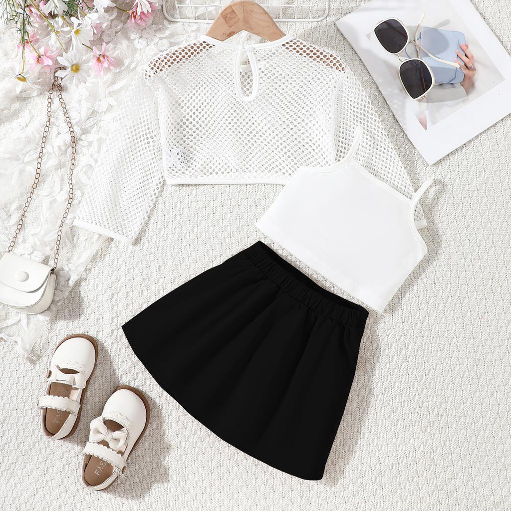 Модный костюм для девочек Детское повседневное сетчатое пальто + жилет на бретельках + плиссированная юбка Костюм-тройка