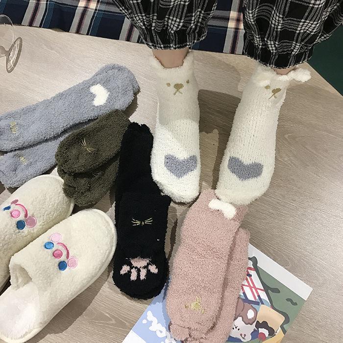 3/5 Pairs Winter Women Warm Socks Fluffy Plush Sleep Soft Cozy Girls Cute Cartoon Floor Socks