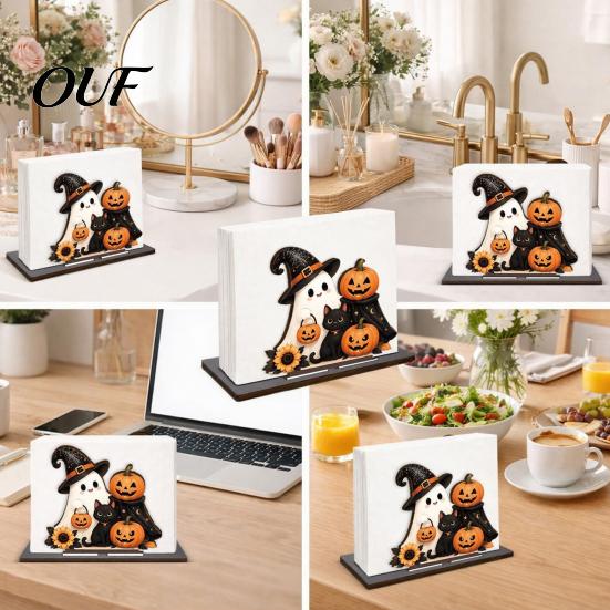 Paper Towel Stand Halloween Wooden Napkin Holder for Table, Ghost Pumpkin Black Cat Standing Holiday Dispenser, Kitchen Dining Table Dispenser