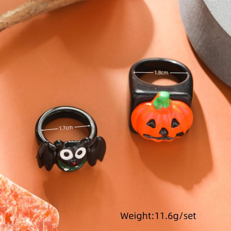 2 PCS Halloween Ring Set Cartoon Pumpkin Bat Index Finger Rings Trendy Funny Party Jewelry Couple Hip-Hop Personalized Accessory