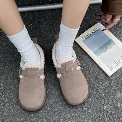 Повседневная женская обувь с неглубоким носком, мокасины с круглым носком, меховые, универсальные, осеннее платье, новые мокасины, осень-зима, резина, ПУ