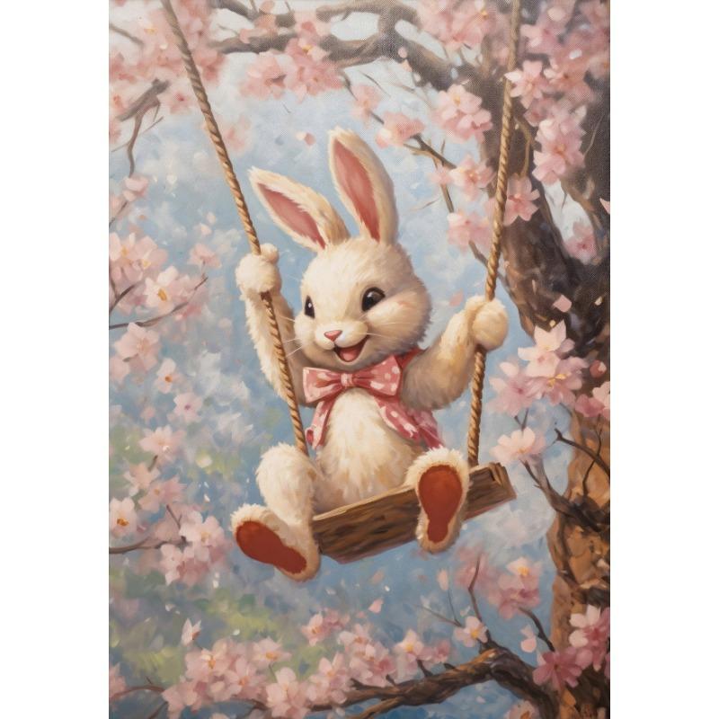 Весенний и Пасхальный Постер Весеннее Поле Диких Цветов Семейство Кроликов Город Город Пасхальный Кролик Холст Живопись Настенное Искусство Картина Домашний Декор