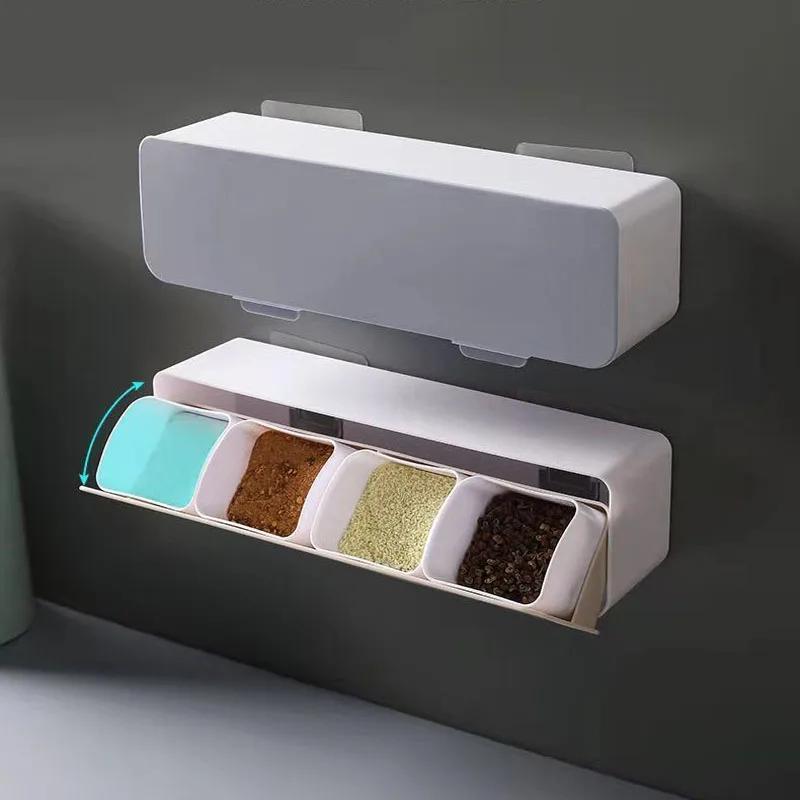 Настенная коробка для приправ с 4 сетками, банка для специй, соль, сахар, контейнер для хранения специй с ложкой, бытовые гаджеты, кухонные аксессуары