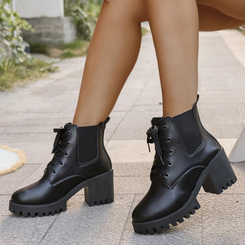 Fashion Sexy Lace Up High Heel Ankle Boots Women Autumn Fashion Solid Black Pu Round Toe Chelsea Boots Chunky Platform Non Slip Shoes