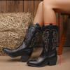 Богемская вышивка Сапоги для верховой езды в западном стиле Женские 2025 Осень Сексуальные остроносые Черные сапоги до середины икры Женские ковбойские ботильоны Зима