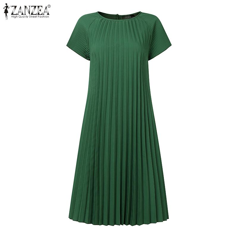 ZANZEA Женское летнее повседневное платье с круглым вырезом, коротким рукавом, свободного кроя, плиссированное