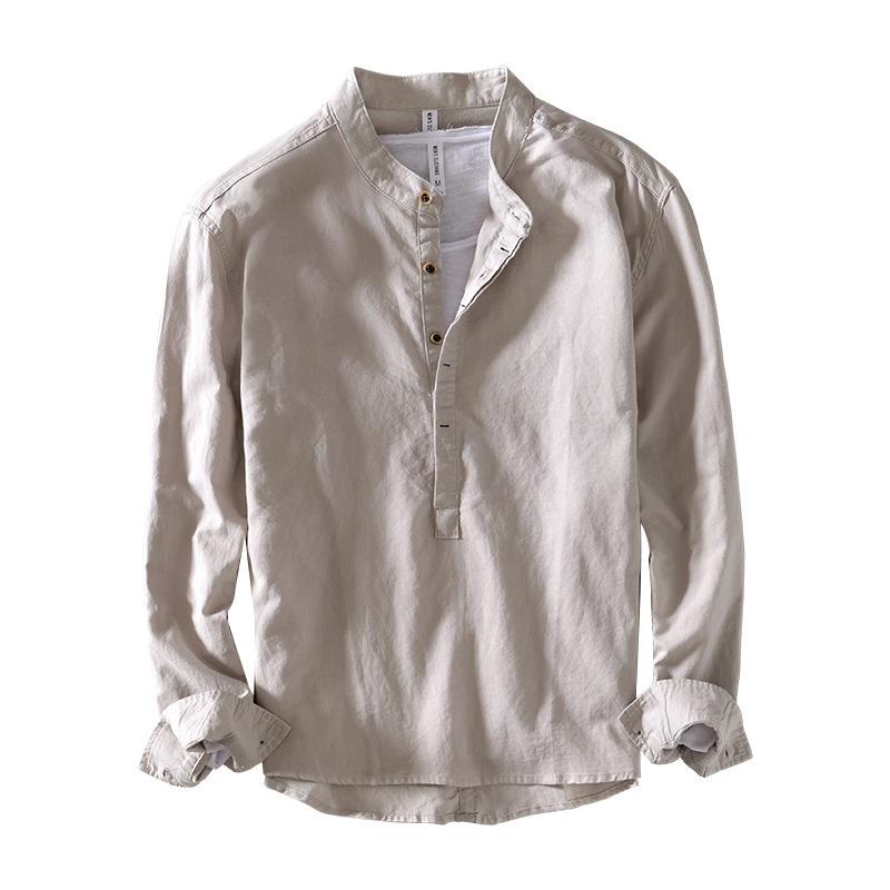 Мужская повседневная льняная рубашка корейской версии, облегающая, однотонная, с воротником-стойкой