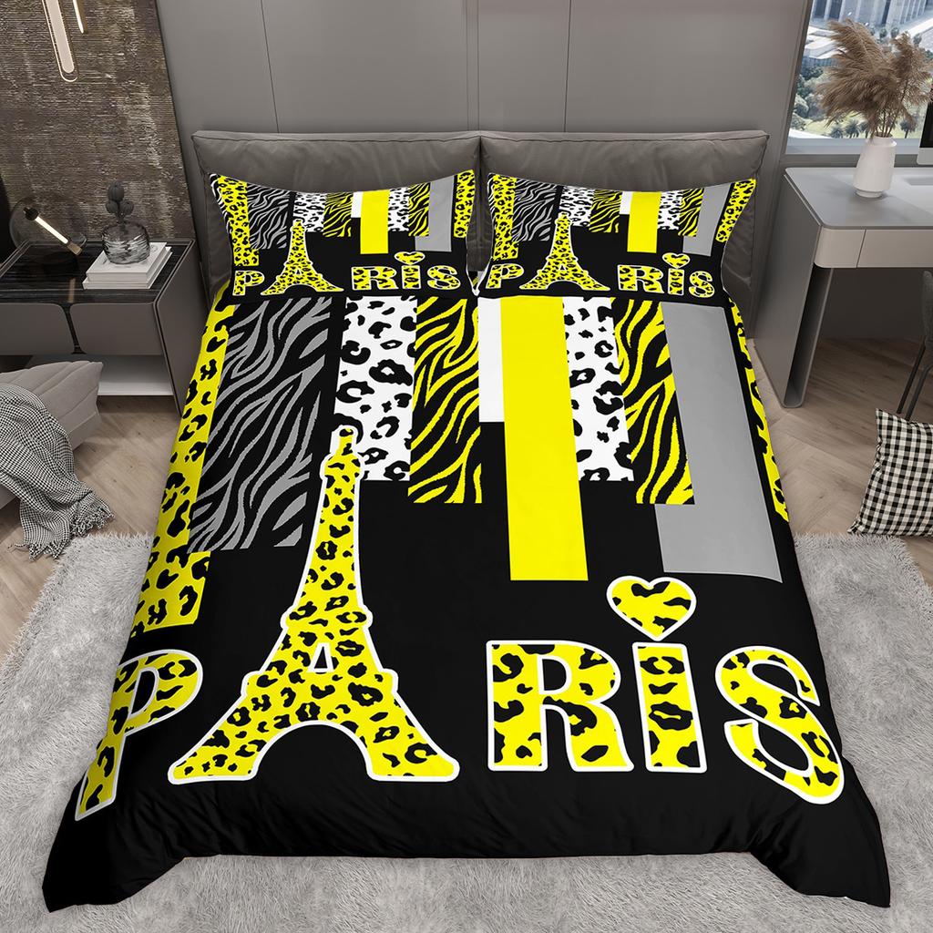 Homewish Romantic Paris Duvet Cover Set, Animal Print Stripes Bedding Set, Star Love Heart Printed Comforter Cover Set