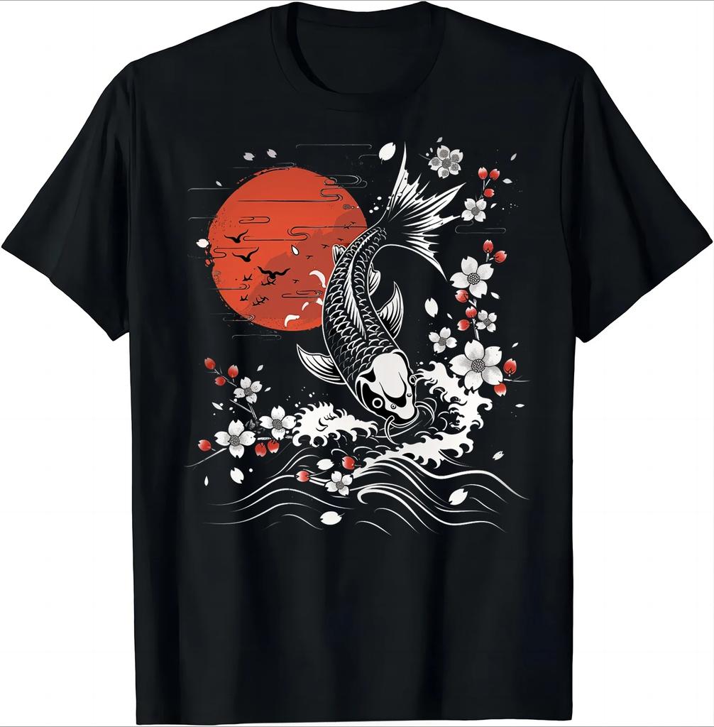 Cherry Blossom Koi Carp Fish Japanese Sakura Graphic Art TShirt Fashion Oneck Tops Tees Tshirt Women Fitness T Shirt Fashion