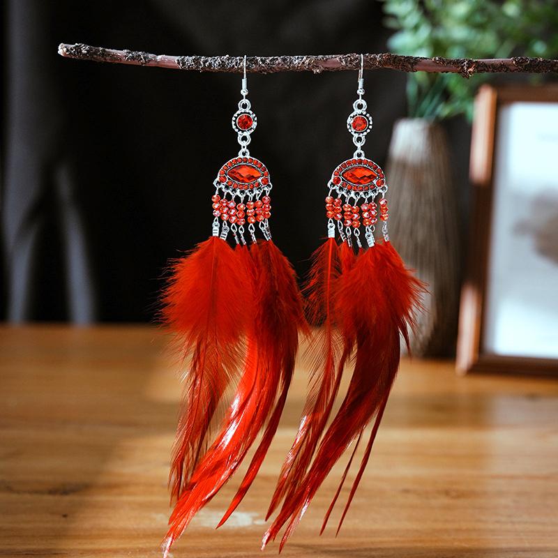 Super Long Exaggerated Irregular Feather Earrings for Women Fashion Boho Colorful Rhinestone Crystal Bead Dangle Earring Jewelry
