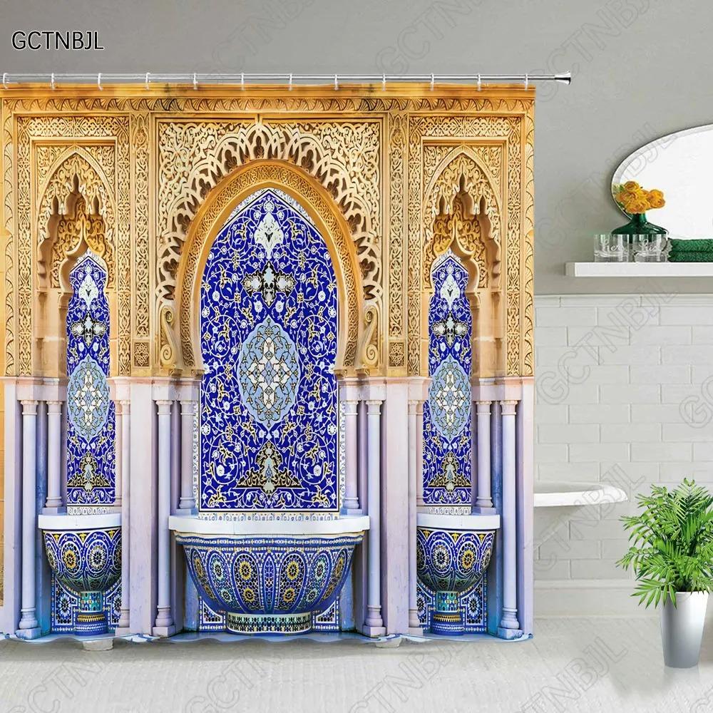 Марокканский Желтый Антикварный Арочный Двери Шторки для душа Старая Винтажная Деревянная Дверь Ванная Водонепроницаемая Ткань Занавески для ванны С Крючками