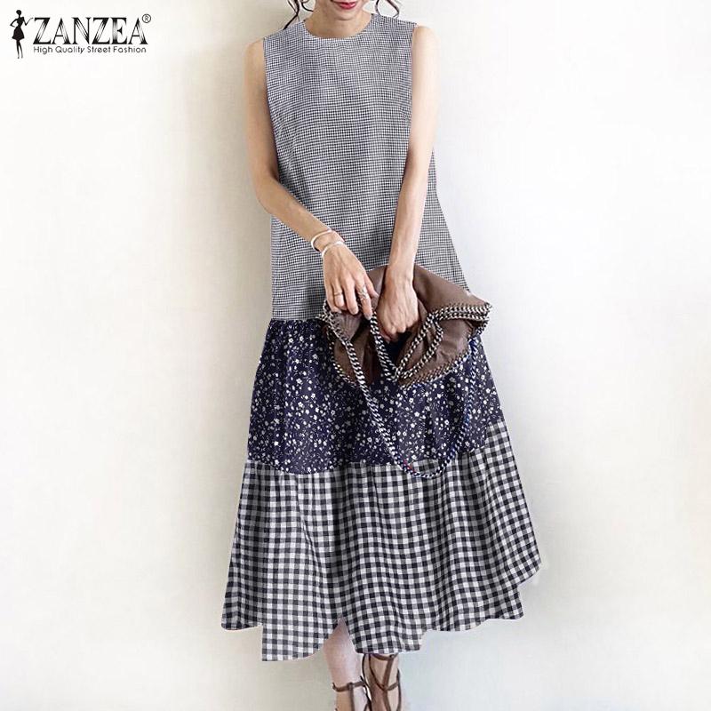 ZANZEA Women Casual O-neck Summer Plaid Print Sleeveless Long Dress