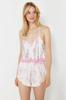 Women's Fashion Pink Ribbon Bow Patterned Lace Detailed Rope Strap Crop Satin Woven Pajama Set