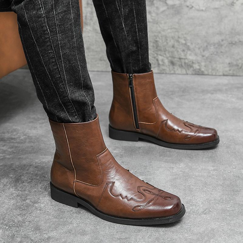 Мужские кожаные ковбойские сапоги класса люкс, трендовые ретро-сапоги с боковой молнией, классические ковбойские классические ретро-стильные удобные сапоги