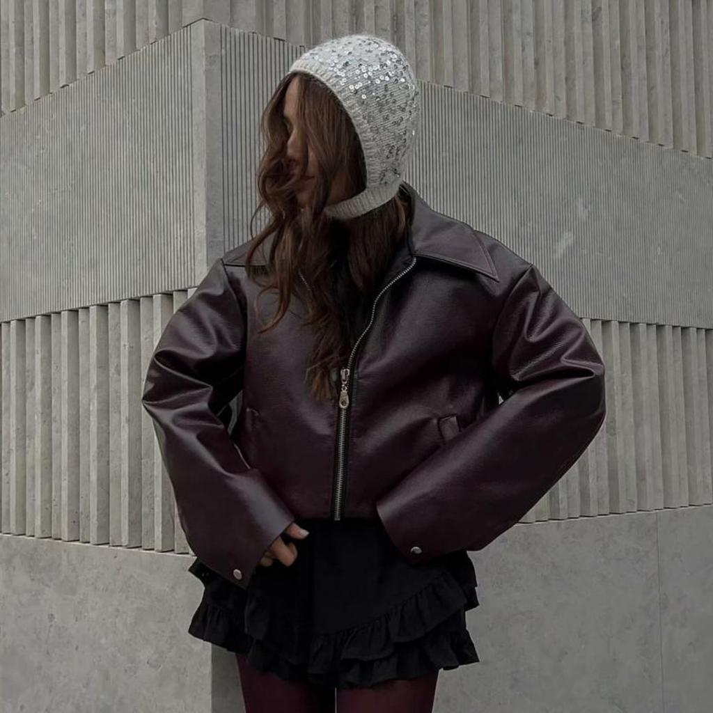 Кожаная куртка на молнии женская кожаная куртка женская повседневная винтажная куртка с лацканами