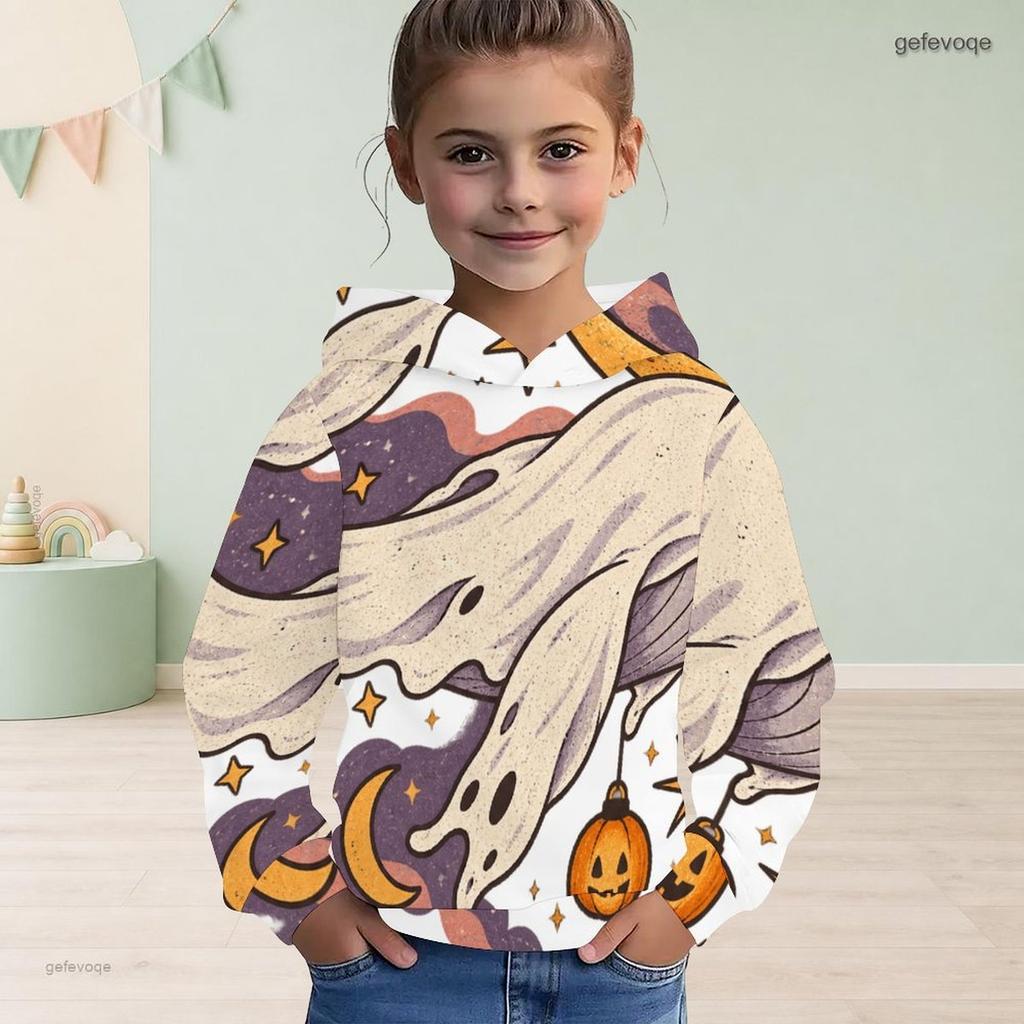 Girls Long Sleeve Hoodie Floral Teacup Printed Ribbed Cuffs Casual Pullover Sweatshirt