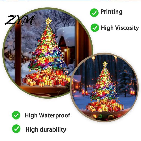 Christmas Party Supplies Stained Glass Style Tree Window Stickers, Removable PVC Static Cling Decals for Festive Home Decor Holiday Decor, Waterproof