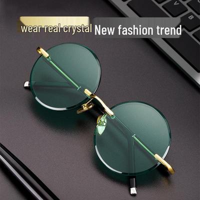 Мужские круглые солнцезащитные очки без оправы с темно-зелеными кристаллами