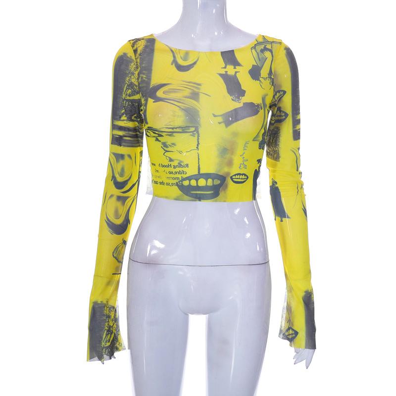 Женская повседневная футболка с длинным рукавом, модная сетчатая пряжа с принтом, топы с открытым пупком и разрезом