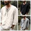 Cotton Men Long Sleeve Lace Up Shirts Vintage Solid Color Casual Shirt Tops