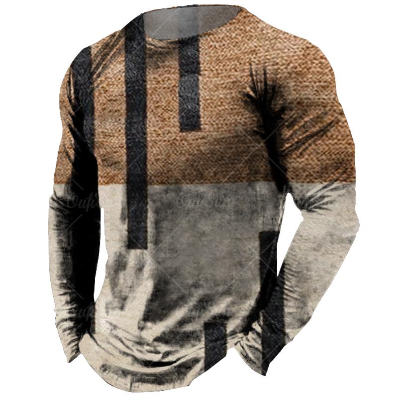 Винтажная мужская футболка с длинным рукавом, топы с клетчатым принтом, осенняя толстовка большого размера, мужская повседневная уличная одежда с круглым вырезом, мужская одежда