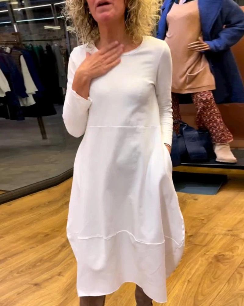 2024 Осень/Зима Европейская и Американская Мода Однотонное Платье с Длинным Рукавом и Круглым Вырезом для Женщин