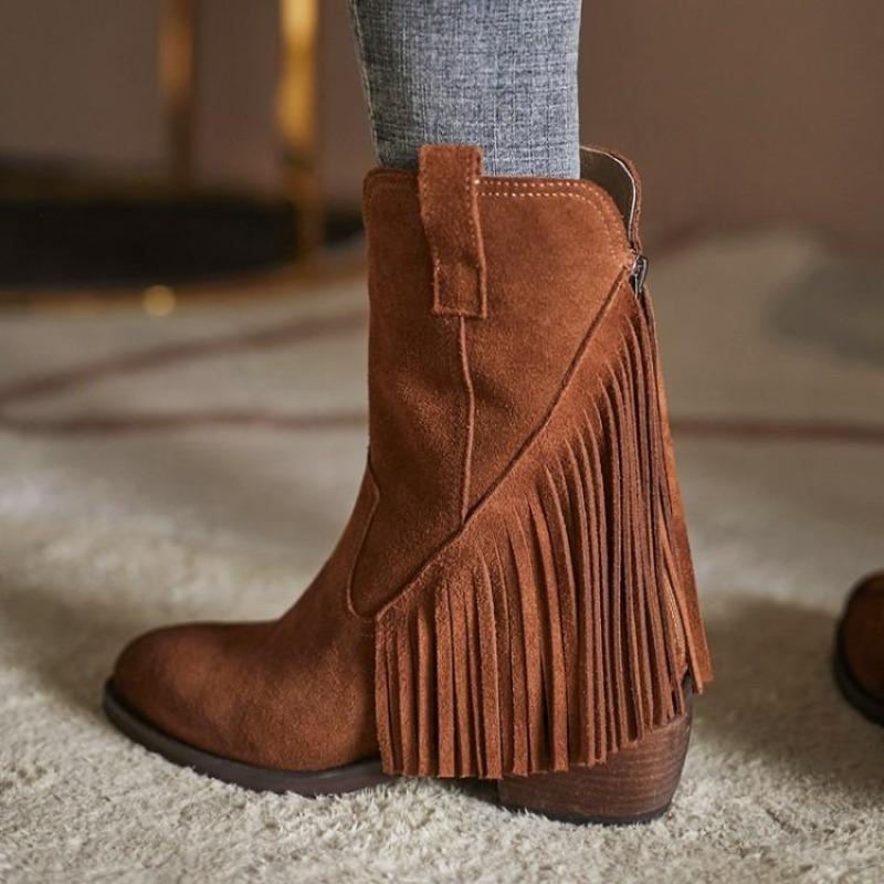 Fashion Ladies Mid Calf Shoes Tassel Brown Women's Half High Boots Wedge Heel Quality On Promotion Footwear Winter 2024 Novelty Gothic