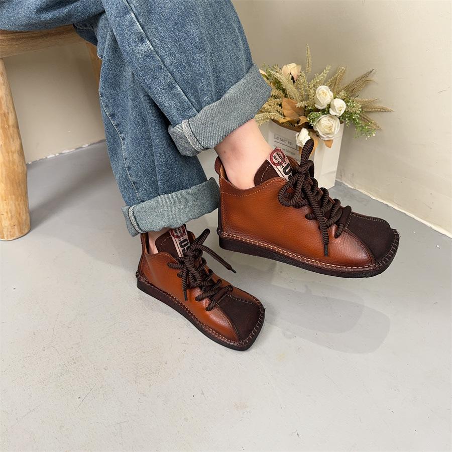 Johnature Genuine Leather Square Toe Retro Short Boots Lace Up Flat Bottom Women's Shoes