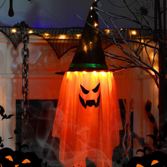 Halloween Light-up Ghost Decoration Spooky LED Witch Hat Ghost Lamp Indoor Outdoor Garden Porch Yard