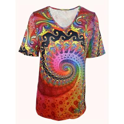 Стильная женская футболка с абстрактным V-образным вырезом — смелый этнический принт, короткие рукава, дышащий комфорт — идеально подходит для повседневной носки весной и летом