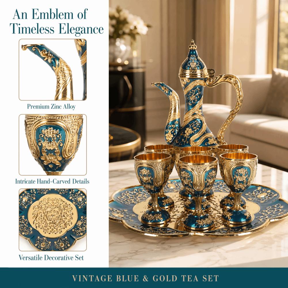 8pcs Gold Blue Vintage Tea Set Zinc Alloy Coffee Pot Cup Set Tea Pot Cup Set For Home Decor