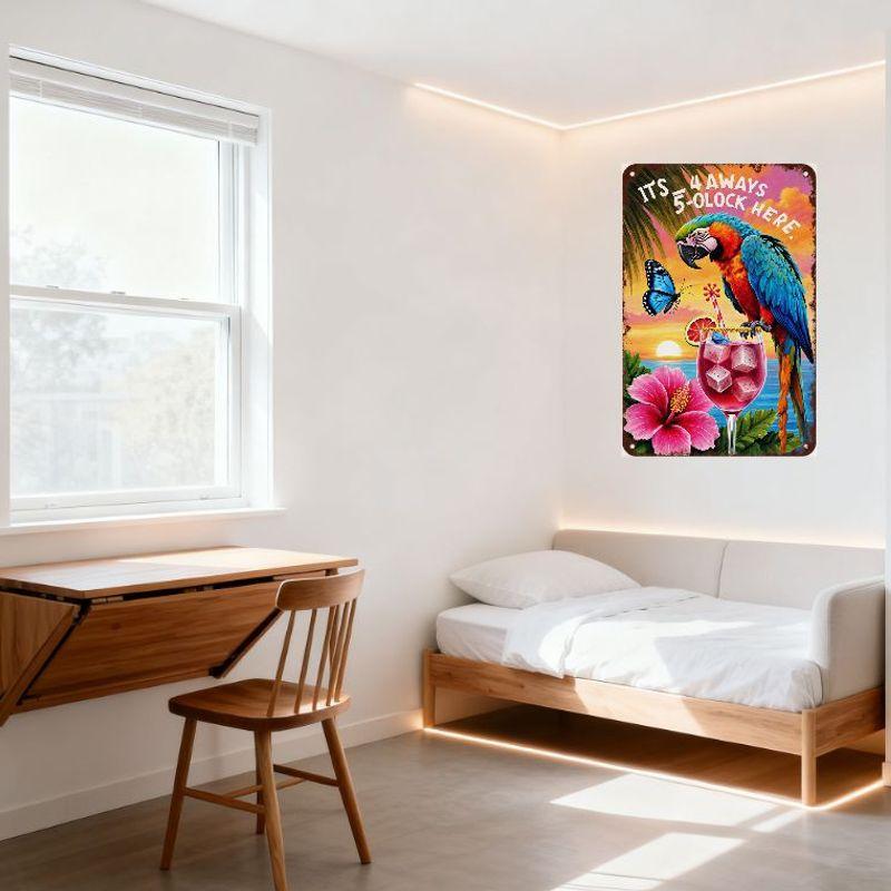 Tropical Parrot 5-O'Clock Here Metal Tin Sign, Vintage Beach Tiki Decor for Home Bar Cafe Man Cave Wall Art