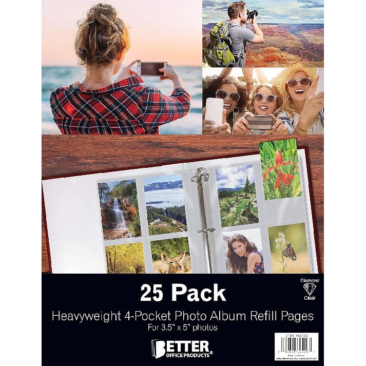 Better Office Products Photo Album Refill Sheets, 3.5 x 5 Inch, Heavyweight, Diamond Clear 3 Ring Photo Binder Page Refills, 200 Total Photos, Each