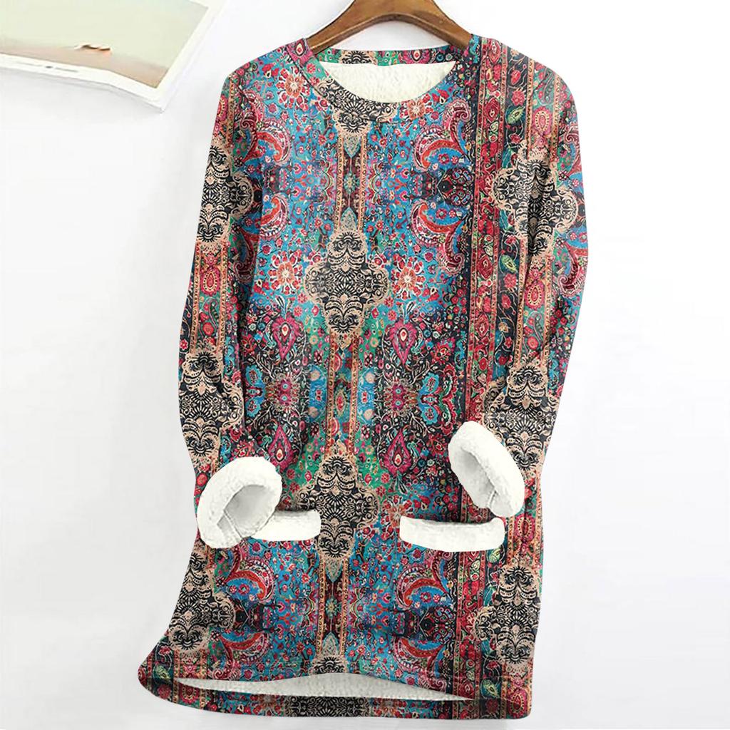 Women's Round Neck Top Printing Thickened Plush Cashmere Warm Long Top