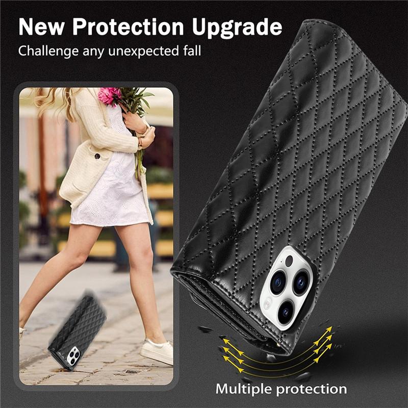 Стеганый кожаный чехол-кошелек на шнурке с кнопочной застежкой для iPhone и Samsung