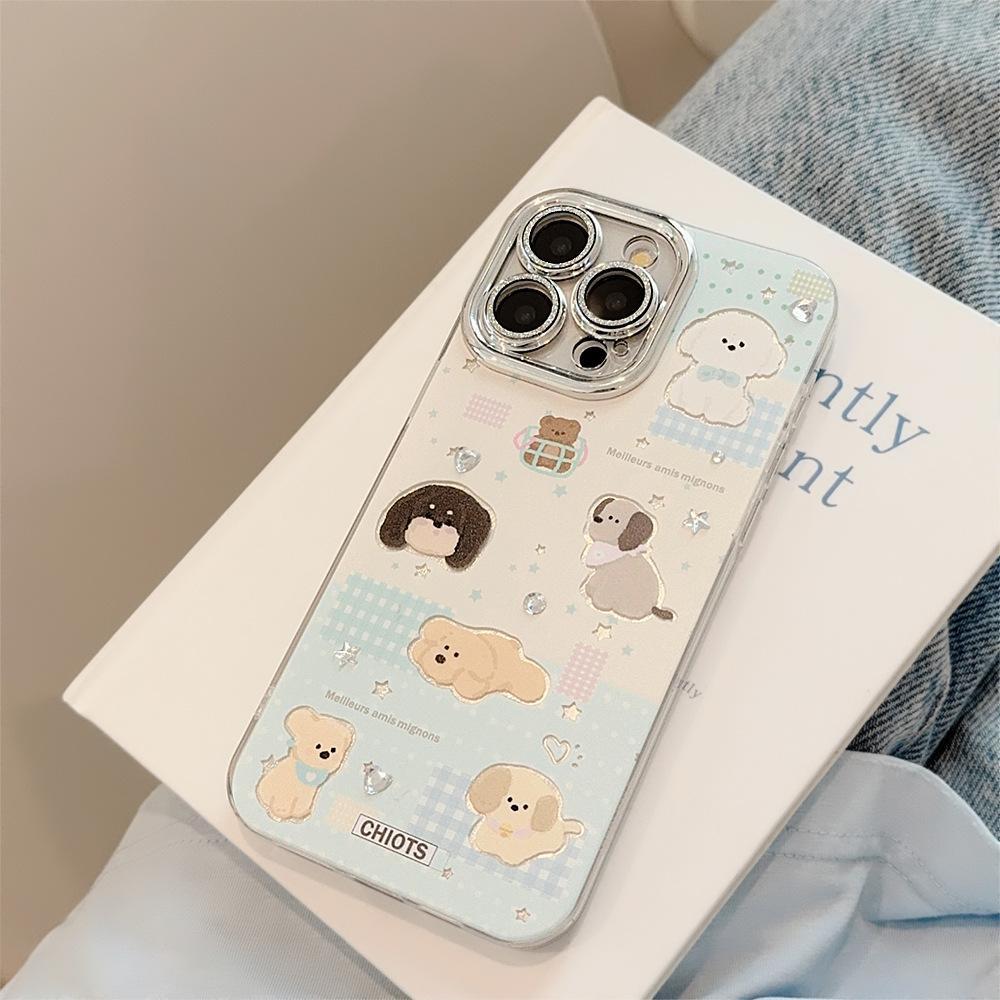 Plaid puppy cartoon phone case suitable for iPhone 15, 17 Pro Max, with lens film, iPhone 16, anti-drop, 12 feather yarn