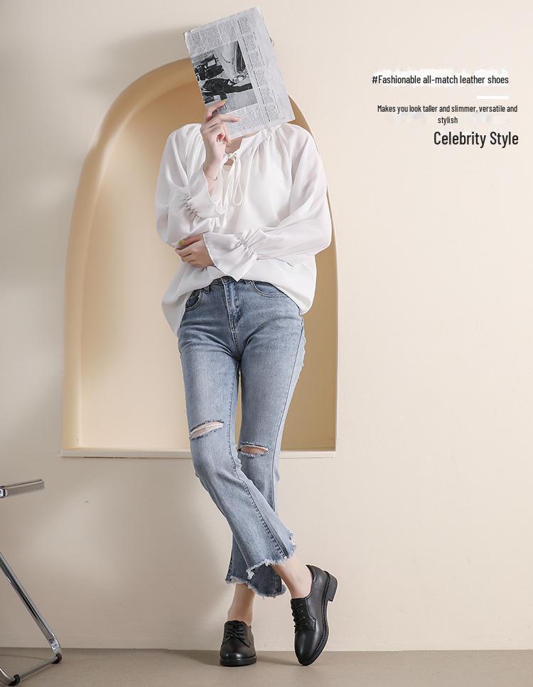 Женские черные кожаные мокасины в британском стиле — мягкая подошва, средний каблук, плоская рабочая обувь на осень 2025 г.