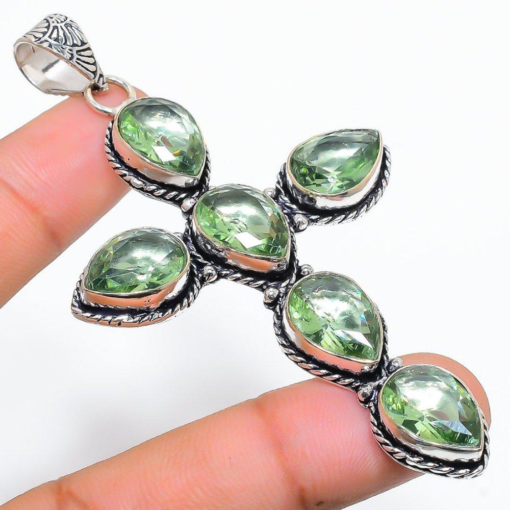 Natural Green Amethyst Gemstone 925 Sterling Silver Gift Pendant 3.39" F5s66