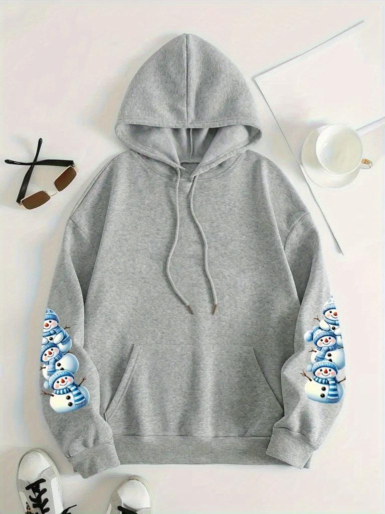 Women Snowman Print Casual Hooded Sweatshirt With Pocket