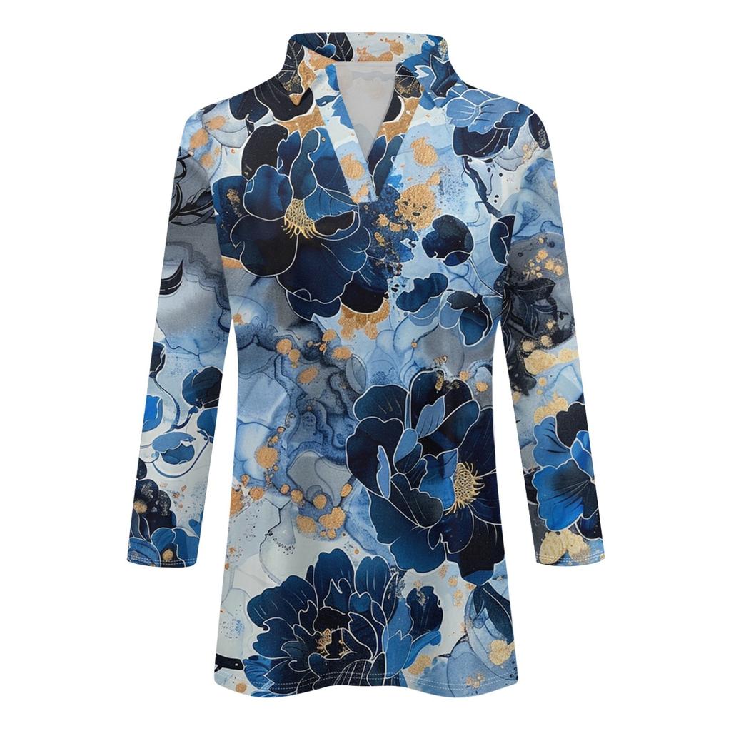 Women's Summer Fashion Casual Print V-Neck Three Quarter Sleeve Shirt Top